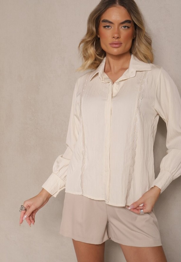 Beżowa Koszula z Wiskozą Ozdobiona Koronką Tenamara