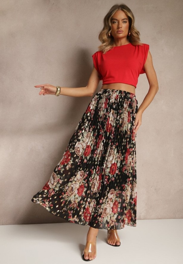 Czarna Rozkloszowana Spódnica z Plisami w Kwiatowy Wzór z Metalicznym Nadrukiem Follenna