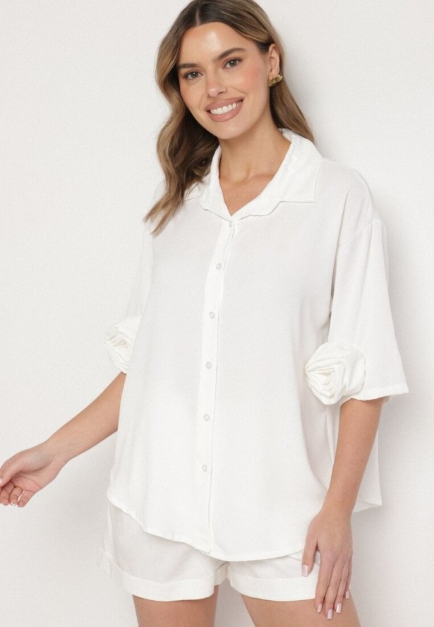 Biała Koszula z Aplikacjami Kwiatów 3D Tenemara