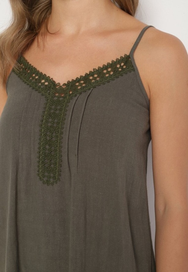 Ciemnozielony Top z Lnem i Wiskozą Ozdobiony Koronką Semindira