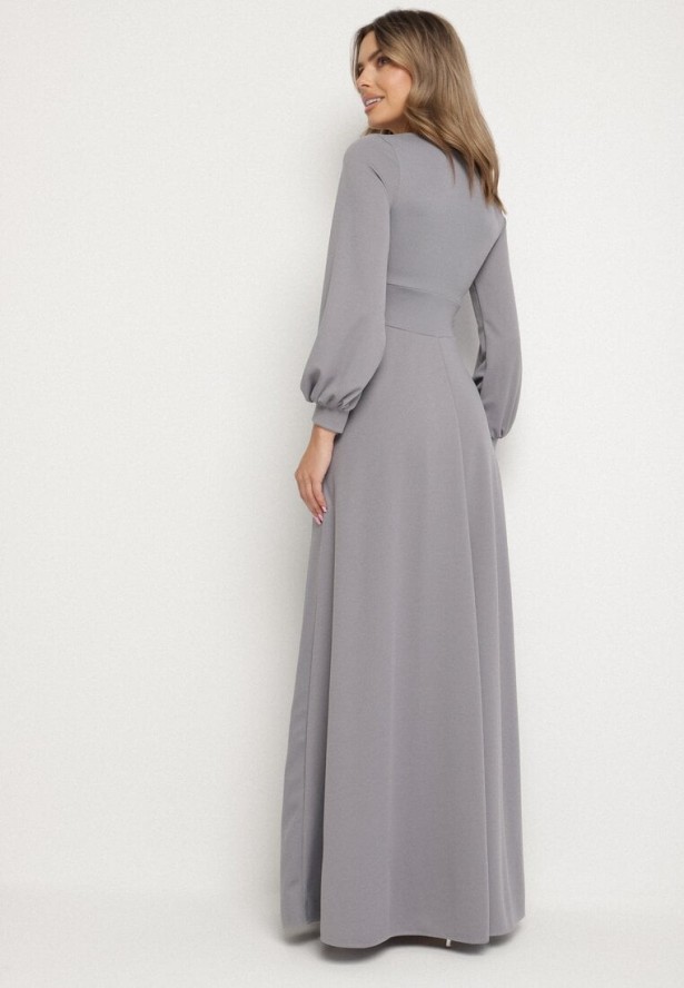 Szara Rozkloszowana Sukienka Koktajlowa z Bufiastymi Rękawami i Rozcięciem na Nogę Erqellia