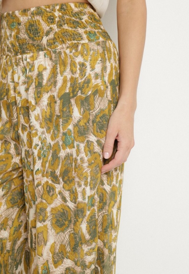 Beżowo-Żółte Wiskozowe Spodnie o Szerokim Kroju z Wysokim Stanem Ellivana