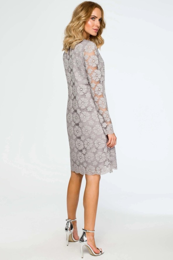 Sukienka na wesele koronkowa trapezowa midi szara