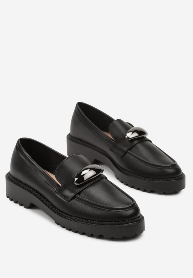 Czarne Mokasyny Vices ze Skórzaną Wkładką i Metaliczną Ozdobą Anlee