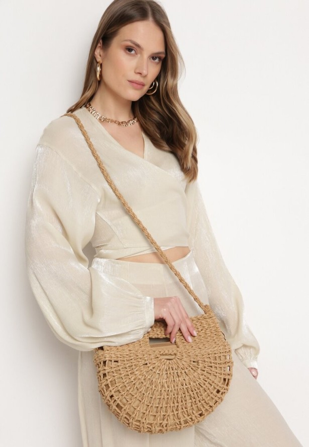 Ciemnobeżowa Geometryczna Torebka z Rączkami i Paskiem na Ramię Eporemia