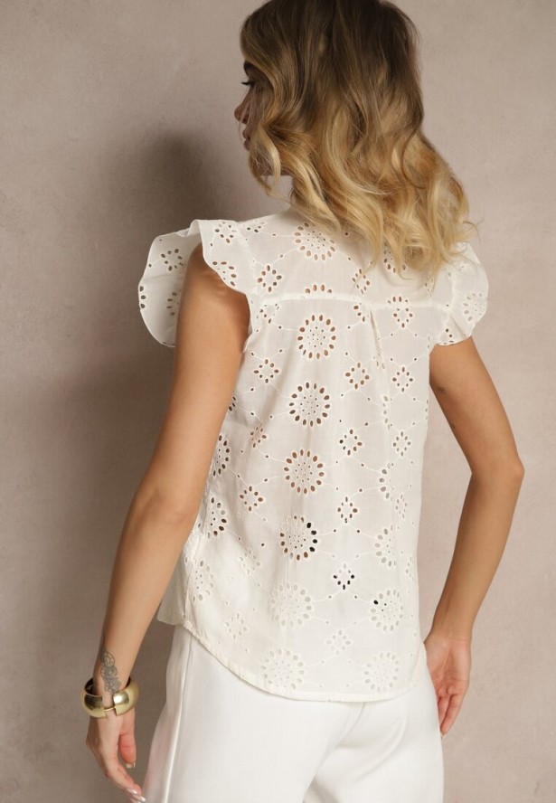 Beżowa Bawełniana Bluzka Ozdobiona Falbankami i Ażurowym Wzorem Grelzeki