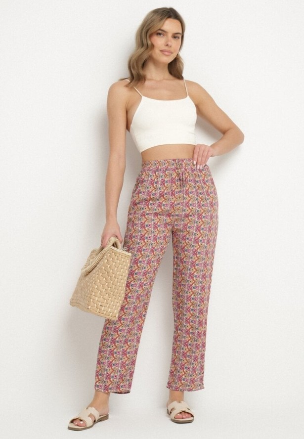 Różowe Bawełniane Spodnie z Wiązaniem i Gumką w Talii w Geometryczny Wzór Ivelriz