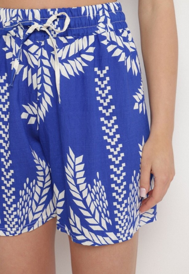 Niebieskie Szorty z Wiskozy z Gumką w Talii Zdobione Roślinnym Wzorem Savairene