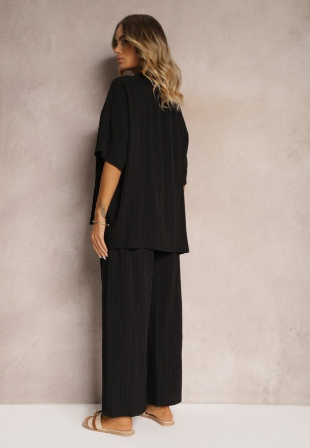 Czarny Oversizowy Komplet z Wiskozą Luźna Bluzka i Proste Spodnie Varlivia