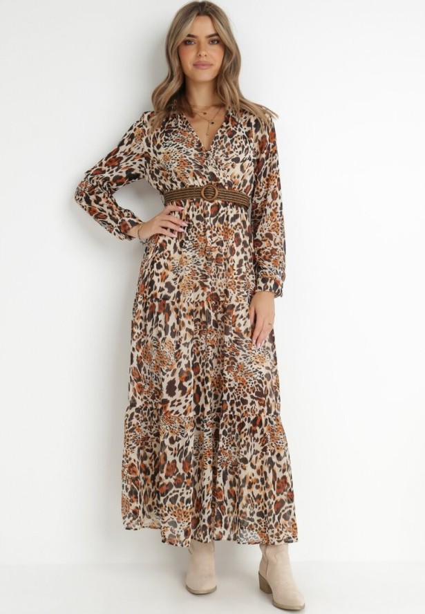 Brązowo-Beżowa Sukienka Z Paskiem Phaenala