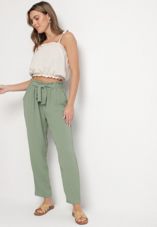 Zielone Spodnie z Wysokim Stanem i Wiązaniem Aralinea