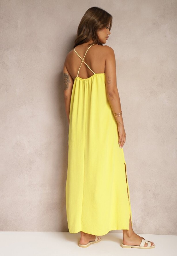 Żółta Sukienka na Ramiączkach o Taliowanym Kroju Rivatta