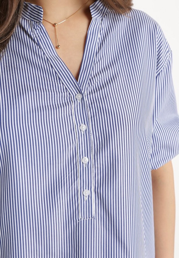 Granatowo-Biała Bawełniana Koszula w Paski z Guziczkami i Rękawem 3/4 Biurise