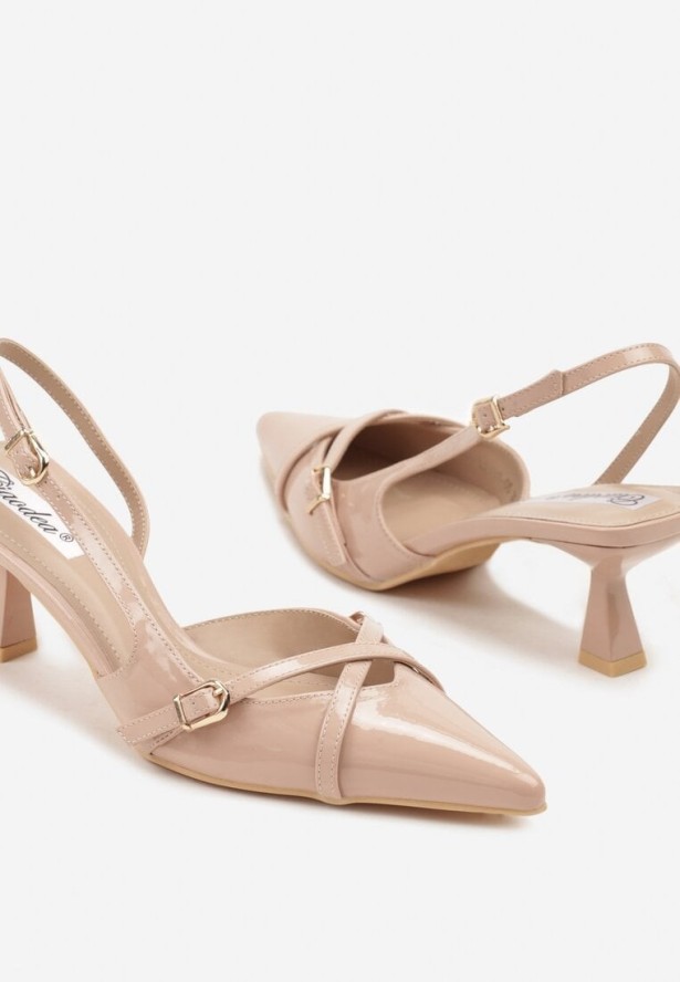 Ciemnobeżowe Sandały Slingback na Kaczuszce ze Szpiczastym Noskiem ze Sprzączkami Deyline