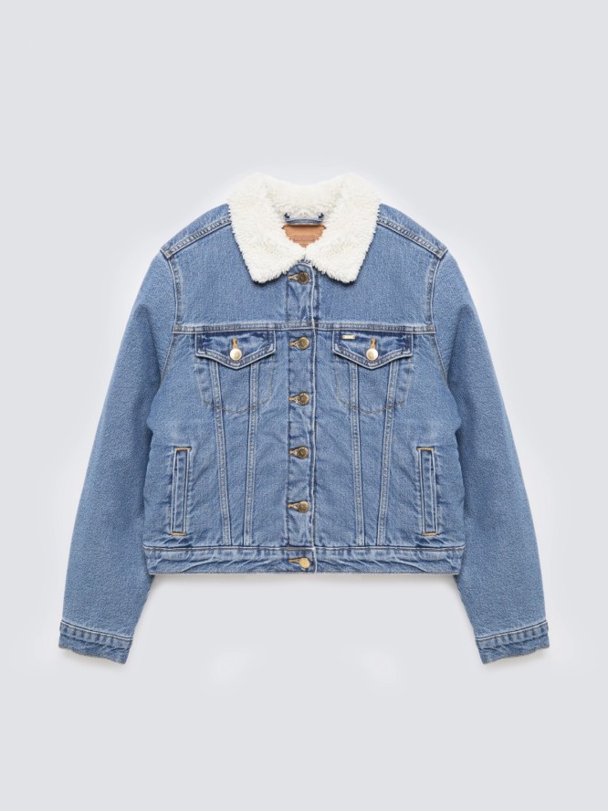 Kurtka damska jeansowa z kożuszkiem niebieska Aspen 485