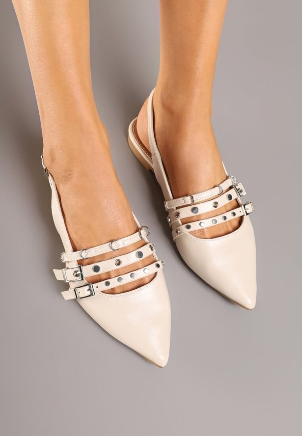 Beżowe Sandały z Noskiem w Szpic i Odkrytą Piętą z Paskami z Klamrami Vonaria