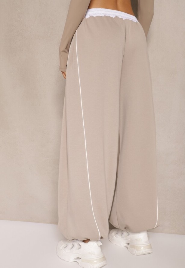 Beżowe Dresowe Spodnie z Wiskozą High Waist Ozdobione Lampasami Maiviona