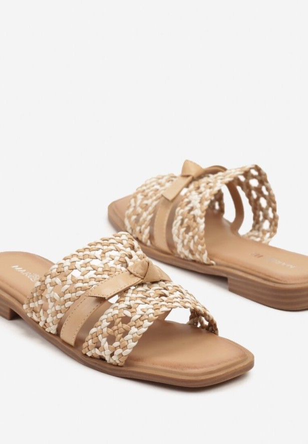 Beżowe Klapki Ażurowe Zdobione Wiązaniem Koritessa