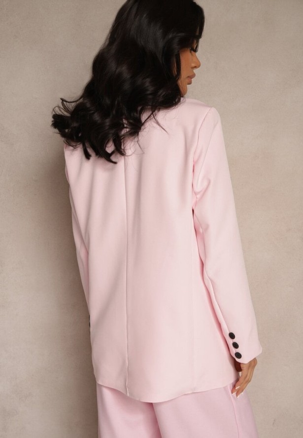 Jasnoróżowa Jednorzędowa Marynarka o Klasycznym Kroju Zdobiona Imitacją Kieszeni Zenzeri