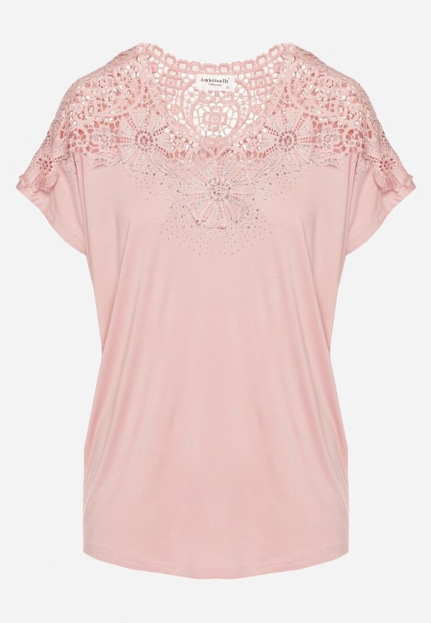 Różowa Bluzka z Wiskozą Ozdobiona Koronką i Cyrkoniami Viarenas