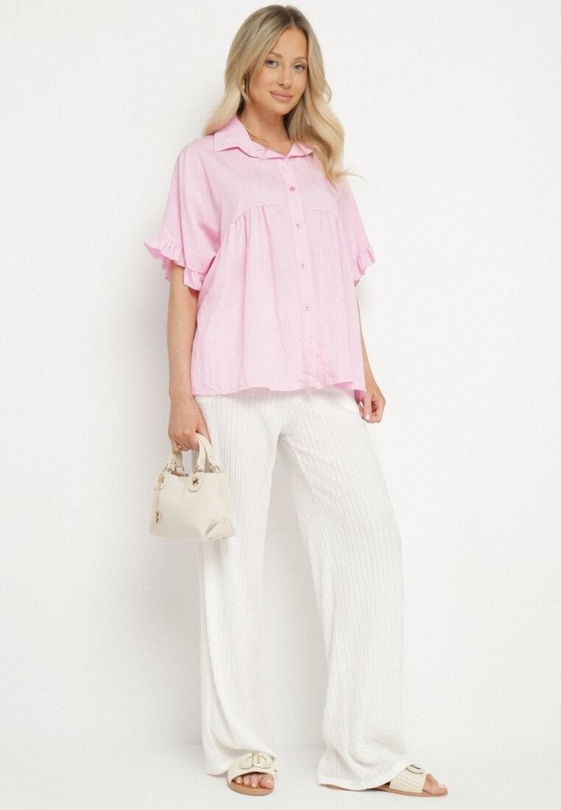 Różowa Koszula z Wiskozą i Ozdobnymi Falbankami Emeleldi