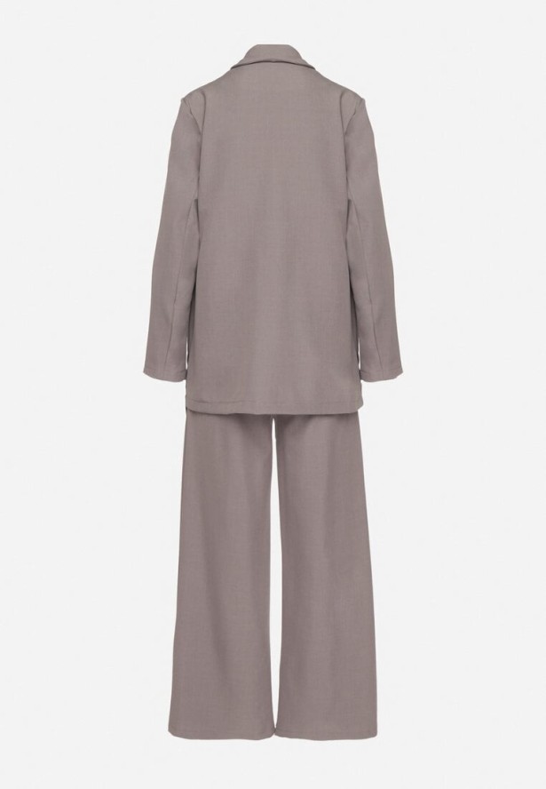 Szary Garnitur Marynarka o Asymetrycznym Kroju i Szerokie Spodnie Purria