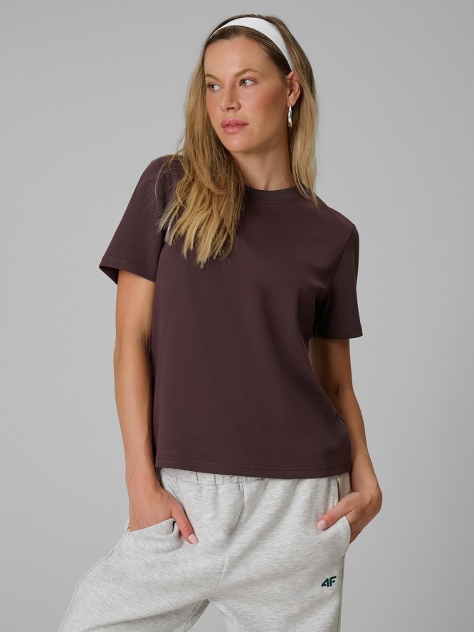 4F T-shirt regular gładki damski - brązowy XL