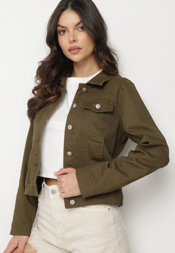 Ciemnozielona Bawełniana Kurtka Jeansowa Zapinana na Metalowe Guziki Auratia