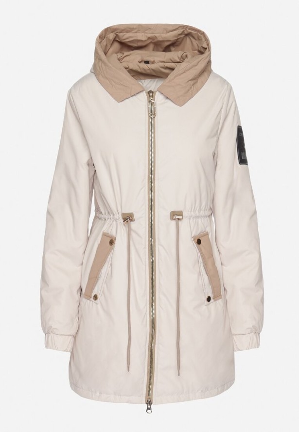 Jasnobeżowa Kurtka Parka z Kapturem i Ściągaczem w Pasie Sizana