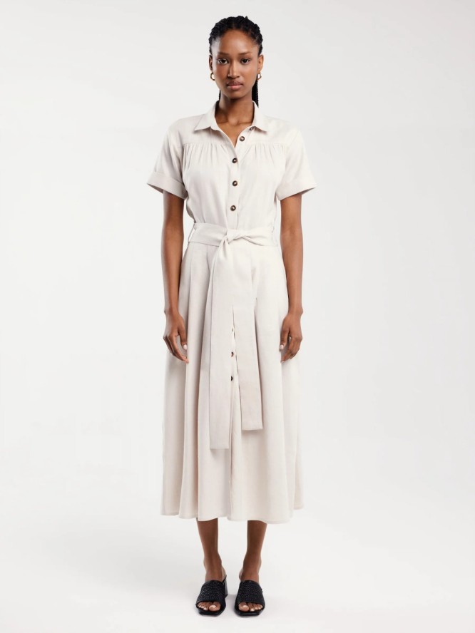 Sukienka damska midi lniana z wiązaniem w pasie beżowa Okire 800