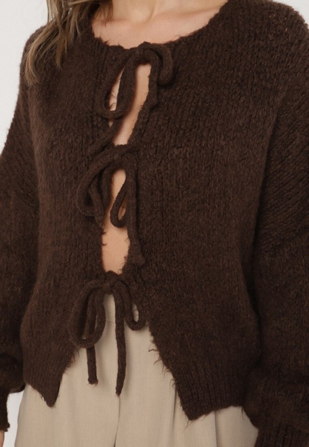 Brązowy Kardigan Oversize z Wełną Zdobiony Kokardkami Eleathalie