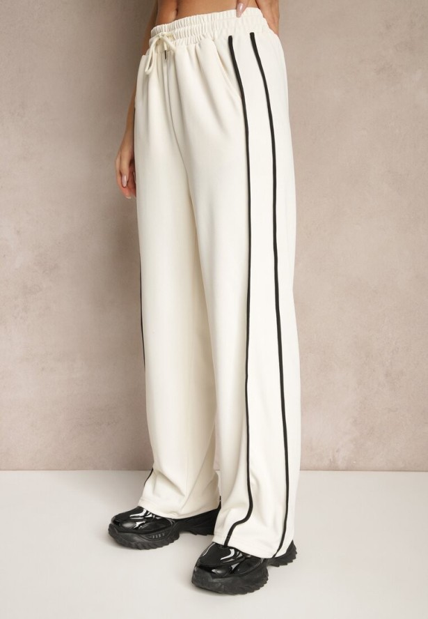 Jasnobeżowe Szerokie Spodnie Dresowe High Waist Zdobione Lampasami Sopaline