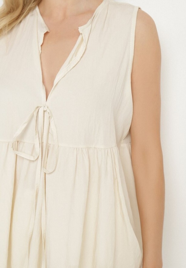 Beżowa Bluzka z Wiskozą z Baskinką Wiązaniem i Kołnierzykiem Davissen