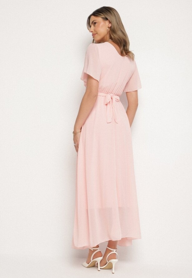 Jasnoróżowa Kopertowa Sukienka Maxi z Gumką w Pasie Narlin