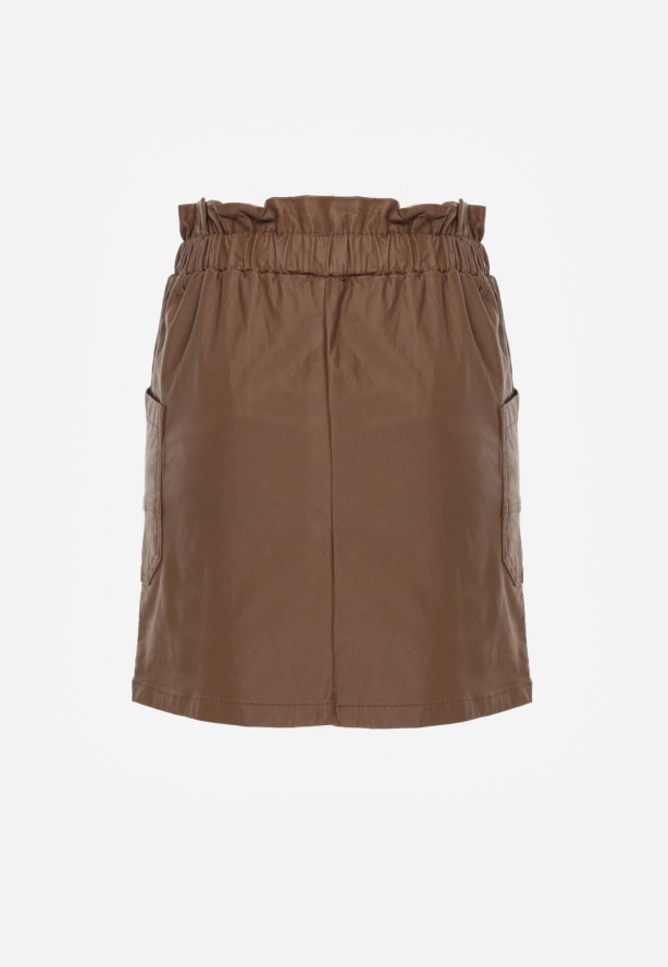Brązowa Spódnica Mini z Ekoskóry z Gumką w Pasie i Kieszeniami Kirti