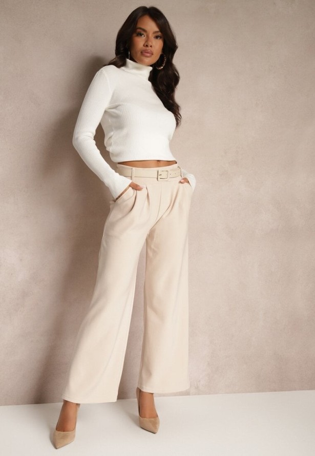 Beżowe Garniturowe Spodnie High Waist z Gumką i Dodatkowym Paskiem w Talii Mattine