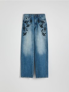 Jeansy wide leg z aplikacjami - niebieski