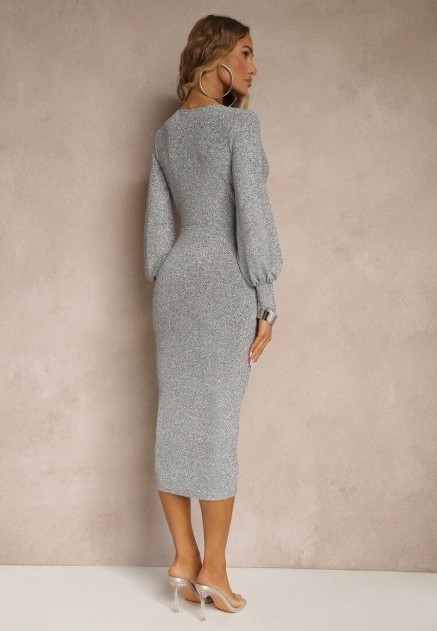 Szara Kopertowa Sukienka o Dopasowanym Fasonie z Bufiastymi Rękawami Ulosira