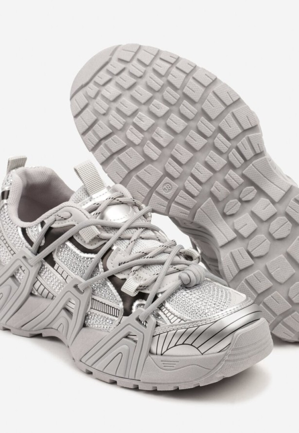 Srebrne Sneakersy na Grubej Podeszwie Ozdobione Tłoczeniem Zardisa