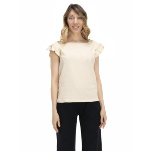 T-shirt damski z falbaną w kolorach ziemi