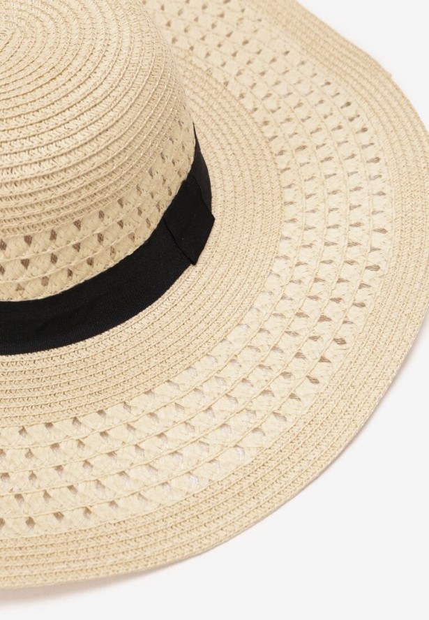 Jasnobeżowy Szeroki Kapelusz z Plecionego Papieru z Ozdobną Taśmą Coseia