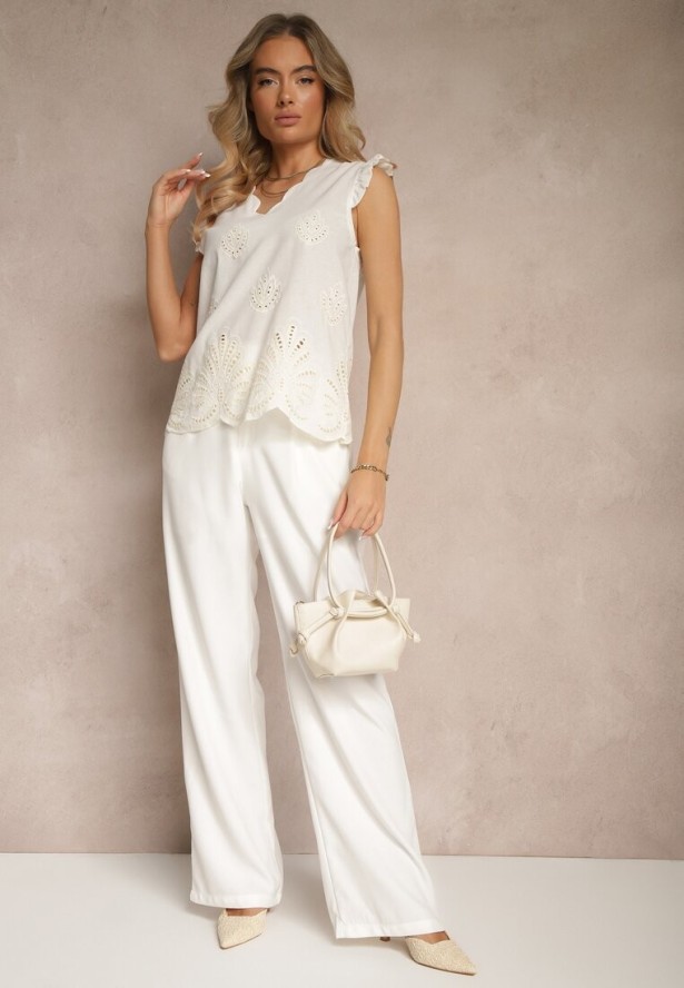 Biała Bawełniana Bluzka z Ażurowym Wzorem i Falbankami Areina