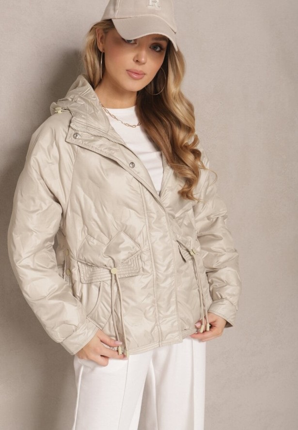 Beżowa Pikowana Kurtka w Stylu Utility z Kapturem Hiredia