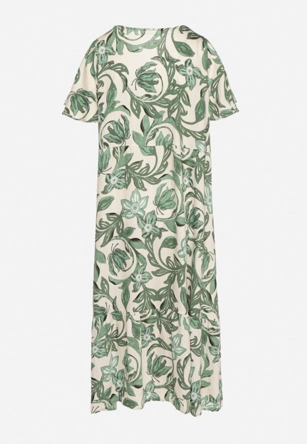 Zielona Pudełkowa Sukienka z Wiskozy w Kwiaty z Dekoltem w Serek Inisara