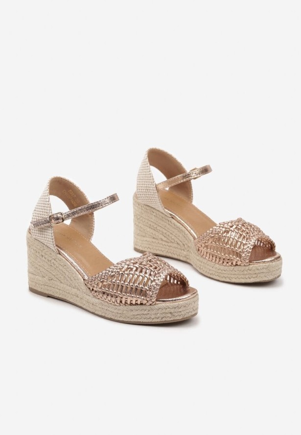 Beżowo-Szampańskie Sandały na Koturnie w Stylu Boho z Plecionką Pasirna