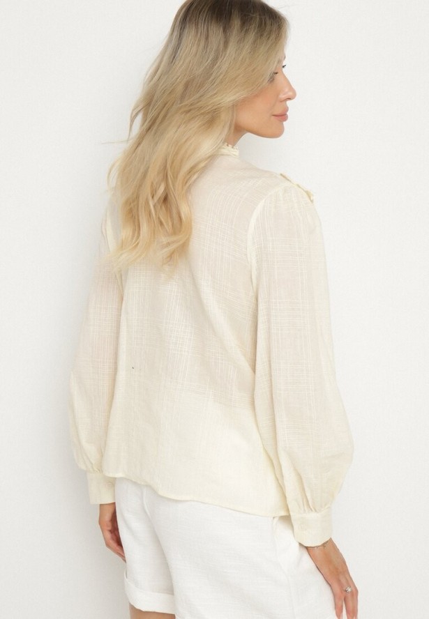 Żółta Bawełniana Bluzka z Ażurowym Haftem i Falbaną Przy Dekolcie Neveine