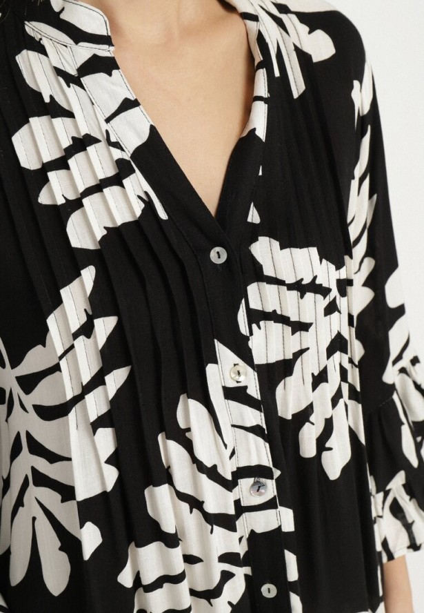 Czarna Wiskozowa Sukienka Koszulowa Ozdobiona Falbankami w Liście Edivonia