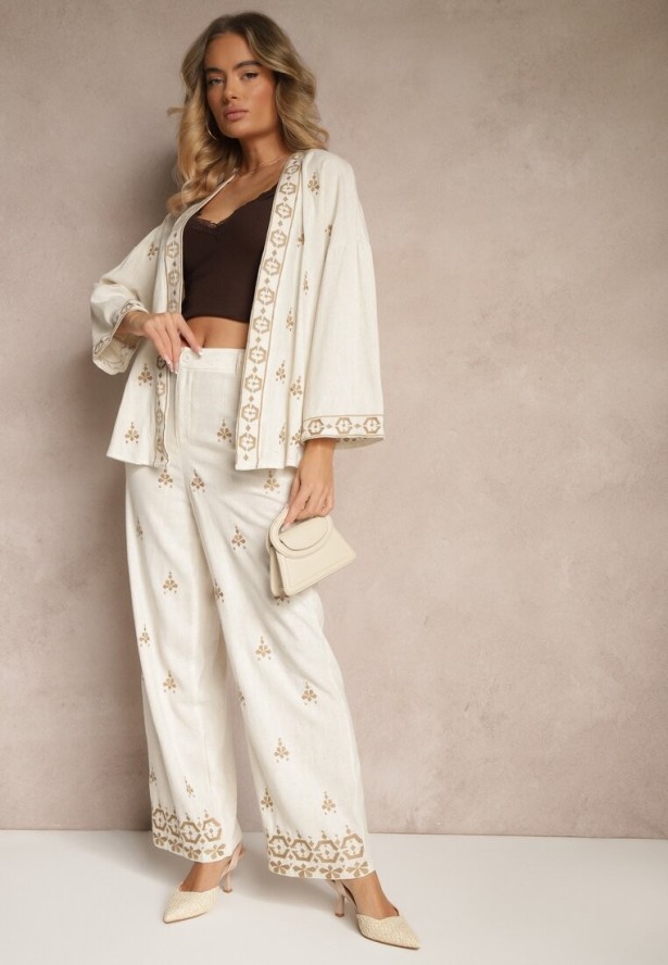 Biało-Beżowa Bluzka Typu Narzutka z Lnem Wiskozą i Haftem Caliven