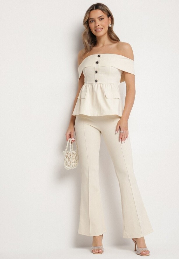 Beżowy Komplet Garniturowy Bluzka Hiszpanka z Guzikami i Spodnie Dzwony Yaskio