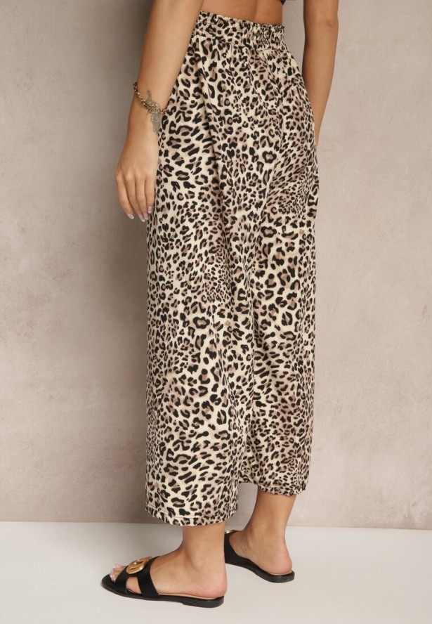 Czarno-Beżowe Spodnie Wide Leg z Gumką w Talii w Panterkowy Wzór Filanira